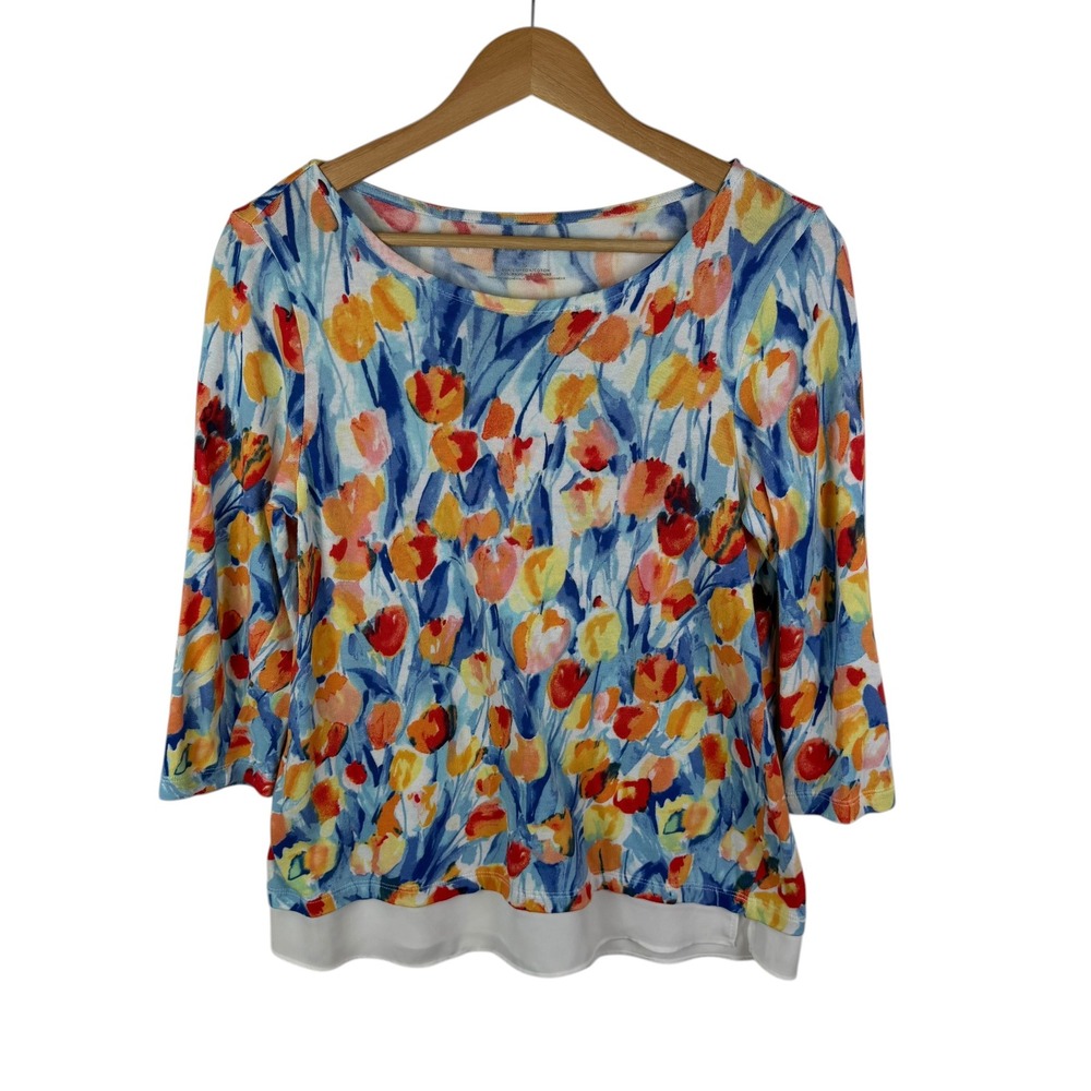 Talbots Watercolor Floral Tulip Knit Top Small Colorful Layered Hem Artsy Comfy